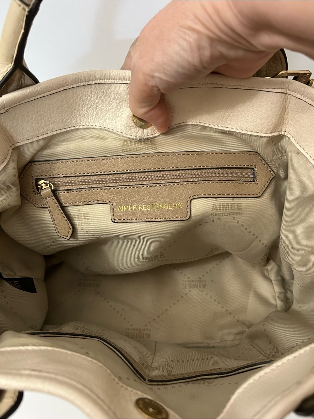 Aimee Kestenberg Pebbled Cream Leather Satchel/Crossbody with Gold Hardware - Picture 7 of 16